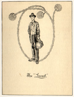 Tall thin doctor with bag, titled 'The Locust'