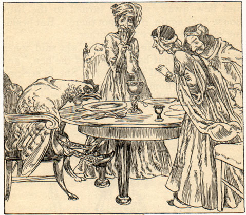 Hen seated at a table over a plate; three people looking at her.