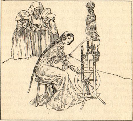 Young woman at a spinning wheel, three older women watching.