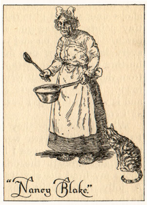Nancy Blake: a frowsy-looking older woman holding a cooking pot and ladle, a cat beside her.