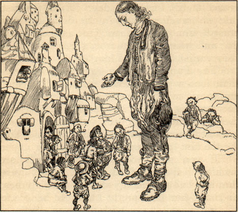 Countryman speaking to a group of dwarfs outside their home.