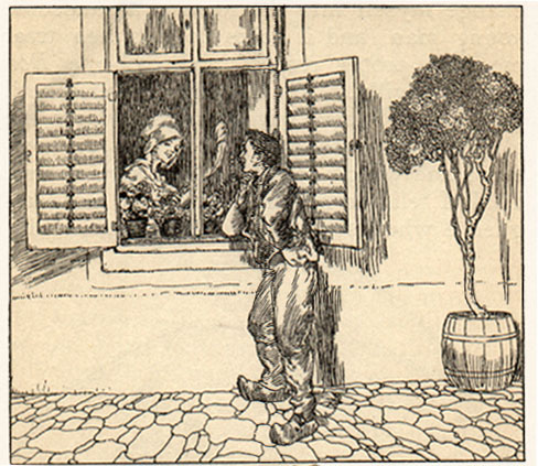 Man at a window, speaking to a smiling young woman.