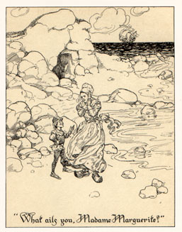 Marguerite crying on the shore, talking to Red Cap fairy. Caption says: 'What ails you, Mistress Marguerite?'