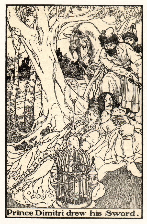 a couple sleeping under a tree with a bird in a cage in foreground as two men and a horse approach from behind. Caption: Prince Dmitri drew his Sword.