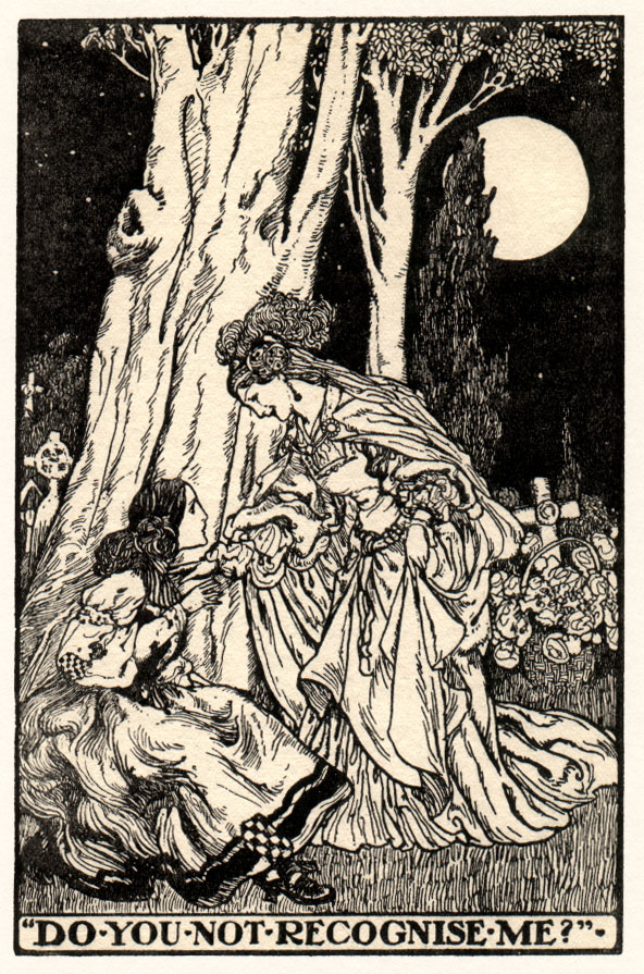 Standing woman speaking to woman seated under a tree in the moonlight. Caption: Do You Not Recognise Me?