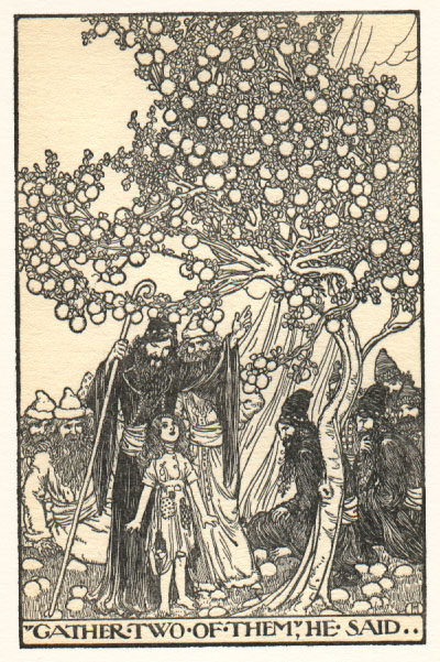bearded man with hat and staff pointing at apple tree as little girl looks up and other men look on from background. Caption: 'Gather two of them,' he said.