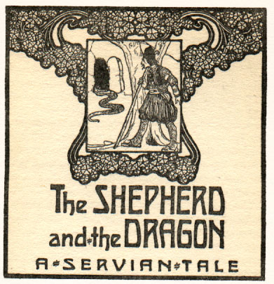 Man with staff looking into cave with lizard-like tail coming out of it. Caption: The Shepherd and the Dragon: A Servian Tale