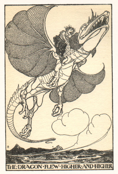 man riding a dragon high aboveground. Caption: The dragon flew higher and higher