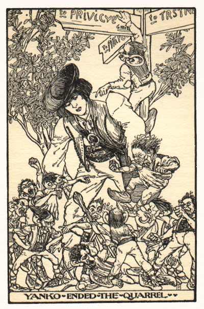 man separating a group of goblins fighting by a directional sign. Caption: Yanko ended the quarrel