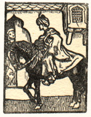 man on horseback talking to woman in doorway
