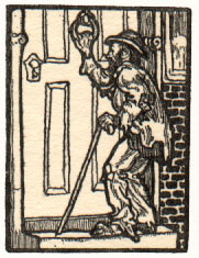 man in tattered clothing with hat and cane knocking at door