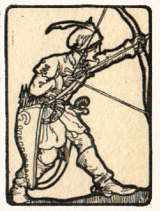 man in feathered cap aiming bow and arrow