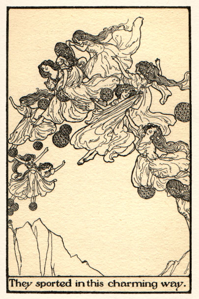 Art nouveau style fairies playing with balls. Caption: They sported in this charming way
