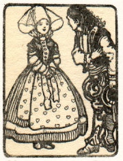 girl with apron and hat speaking to man in armor