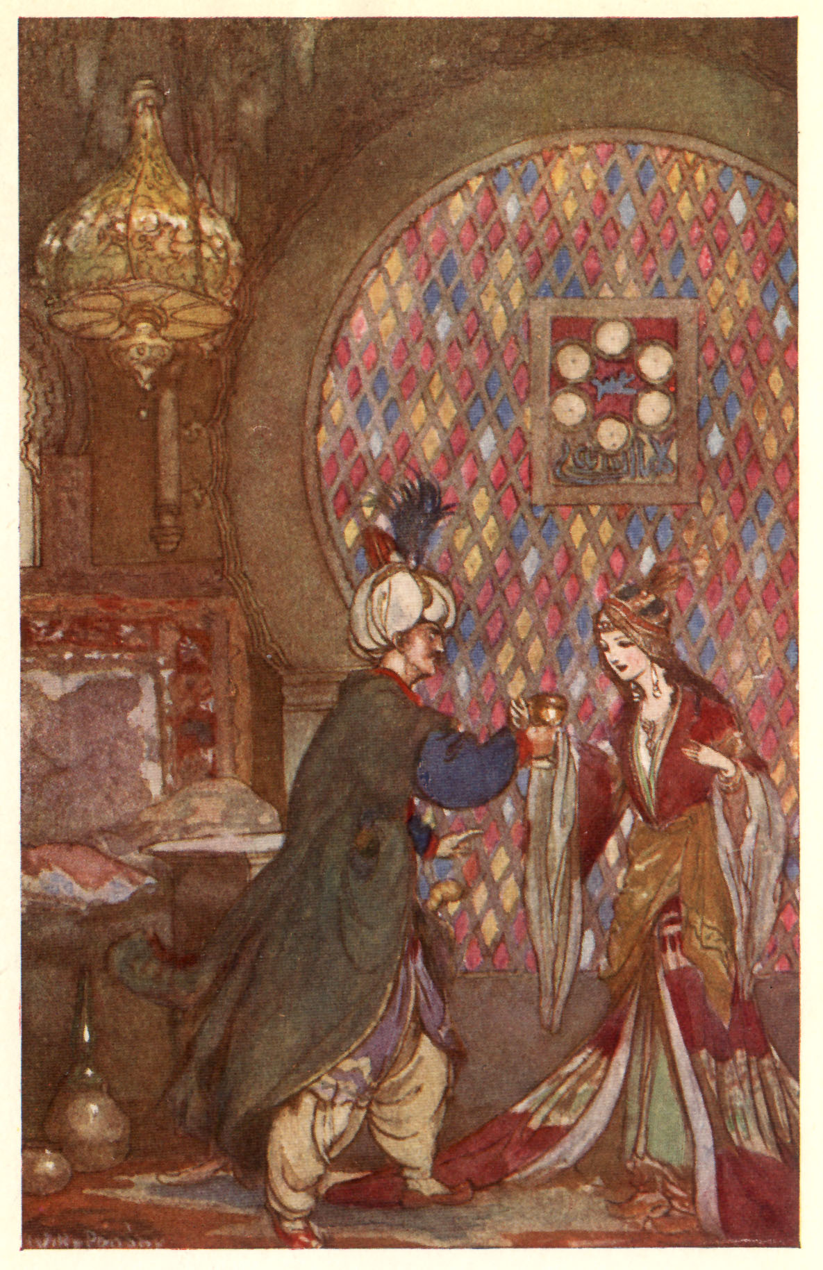 man in turban offering cup to woman in ornate gown