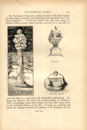 Facsimile of the page as it appears in the printed book; illustration: two geometric plane sundials, one on floral pillar, with globes on top; hemispherical sundial with face carved above