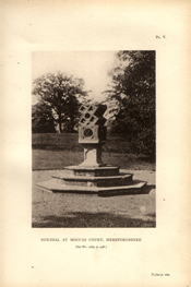 Facsimile of the page as it appears in the printed book; illustration: diagonal cross-shaped sundial on pillar atop podium