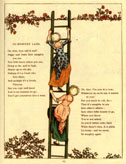 Two ladies climbing a ladder past the treetops into a bed of pink roses.