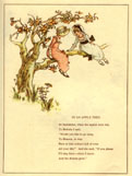 Two little girls sitting on a branch in an apple tree that is full of fruit.