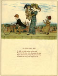 Mother and three children atop the wall. She is holding one, one is dancing, and the third is rolling a hoop with a stick.
