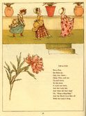 Three girls in bonnets dancing in front of some potted plants.
