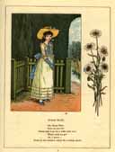 Potrait of Susan in long dress and sunhat standing in front of a green fence in front of a wall and archway of greenery. A drawing of cowslips is to the side.