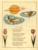 Round yellow sun, two children floating on clouds and two pink and white tulips at the bottom of the page.