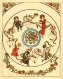 People dancing in a circle holding a garland of flowers. There are marigolds in the center and surrounding the circle of people.