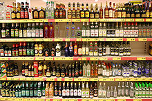 shelves of liquor bottles