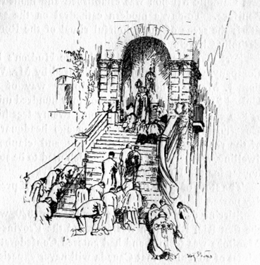 People bowing and kneeling on the wide steps of the mission