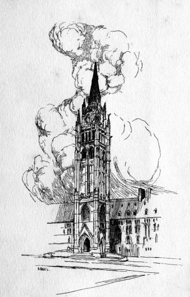 Drawing of the tower with billowing clouds behind it.