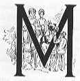 M (illuminated letter with people standing behind it).