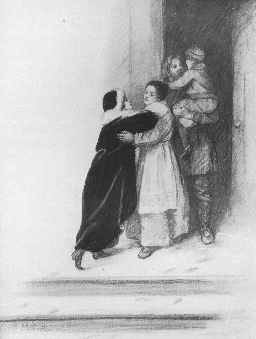 A girl in a black fur coat and hat, trimmed in white, embraces a woman in an apron while behind them a bearded man holds a boy.