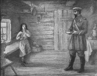 A young girl standing by a window faces a man in uniform holding a box and standing by a table.