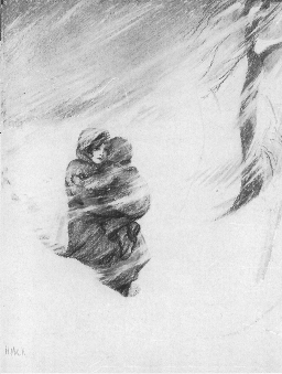 A girl in winter clothing carries a boy through a heavy snowdrift while a storm blows.