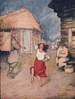 A young girl in a red skirt and white blouse dances barefoot down a village dirt street while two men watch