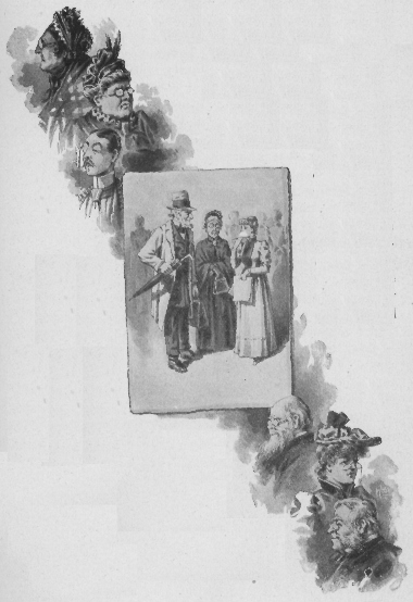 Portraits of several men and women around a print of two women and a man standing together.