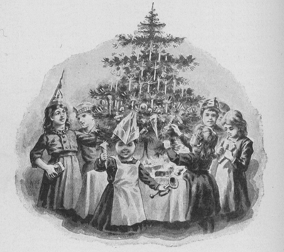 Girls and boys wearing party hats, standing around a Christmas tree.