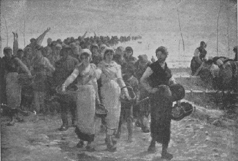 Women carrying baskets before a crowd.