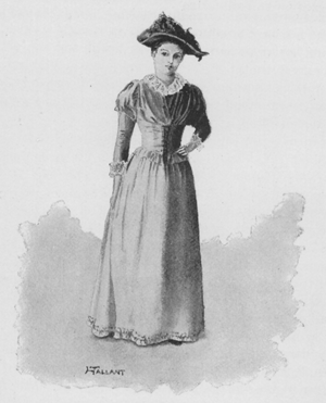 Woman standing, wearing a dress and hat.
