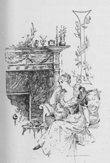 Woman sitting beside a fireplace. I (illuminated capital for In)