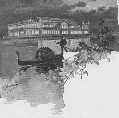 Gondola drifting on the water before a Grecian-style building.