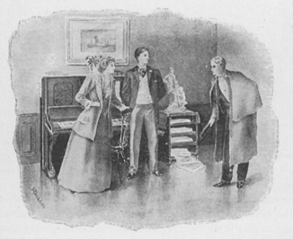 Man and woman standing before a piano, while a second man bows to them in greeting.