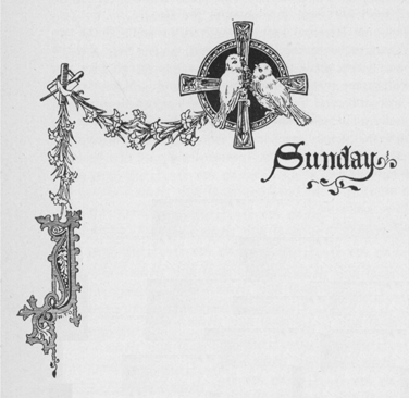 Two birds sitting on a cross with garland attached to it. Caption: Sunday