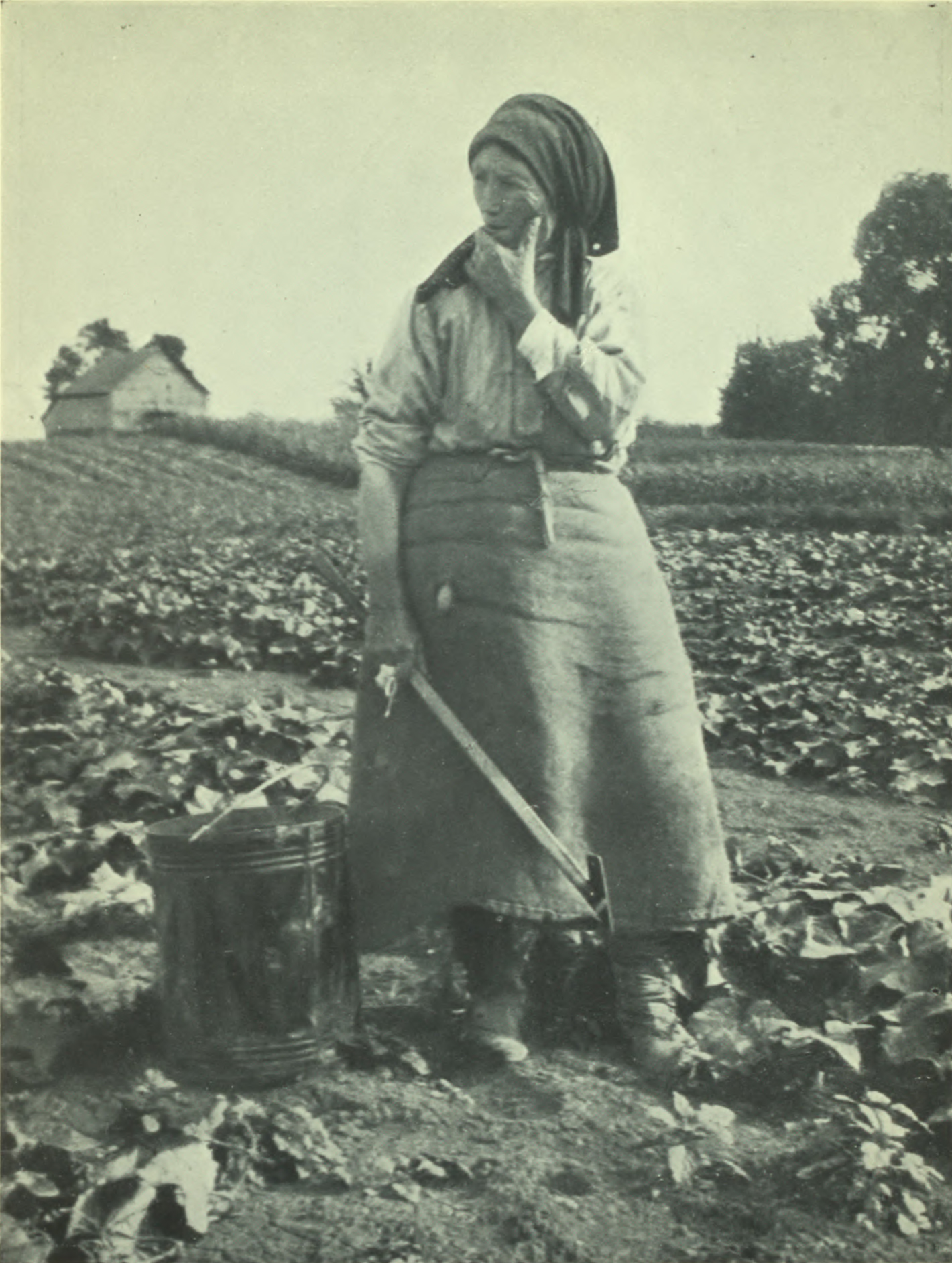 Woman with bucket and hoe.