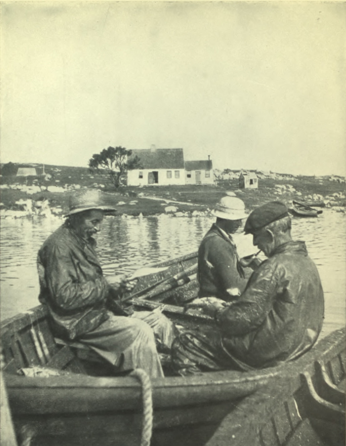 Three men on a canoe floating towards the shore.