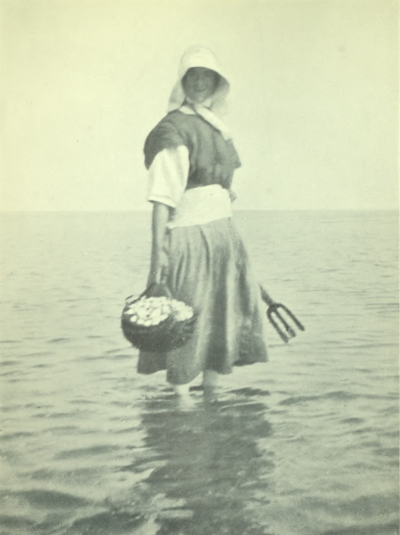 Woman standing in the water with a basketful of shellfish.
