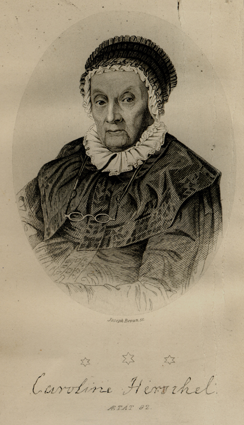 Portrait of an old woman in a bonnet with reading glasses draped around her neck. Signed Caroline Herschel.