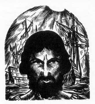 bearded man standing before several tall sail ships