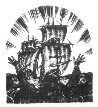 man with arms outstretched toward a tall sail ship
